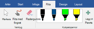 Pennor och överstrykningspennor på fliken Rita i Office 2019