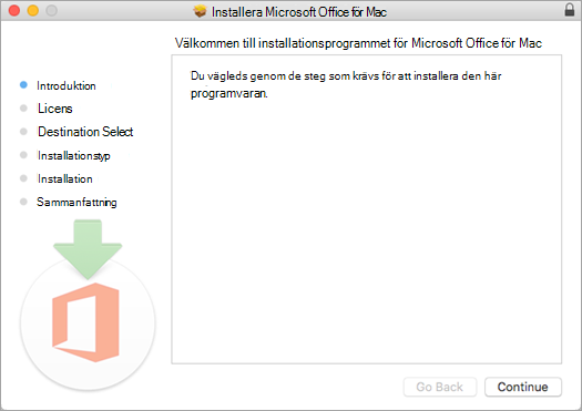 Den första installationsskärmen på Mac 2016 med "Fortsätt" markerat