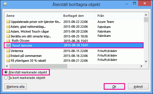 Markera en kontakt som ska återställas och klicka på OK