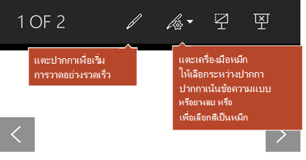 เครื่องมือหมึกที่พร้อมใช้งานในมุมมองการนําเสนอสไลด์