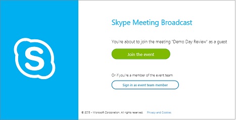 หน้าการลงชื่อเข้าใช้ของเหตุการณ์ SkypeCast สำหรับการประชุมแบบไม่ระบุชื่อ