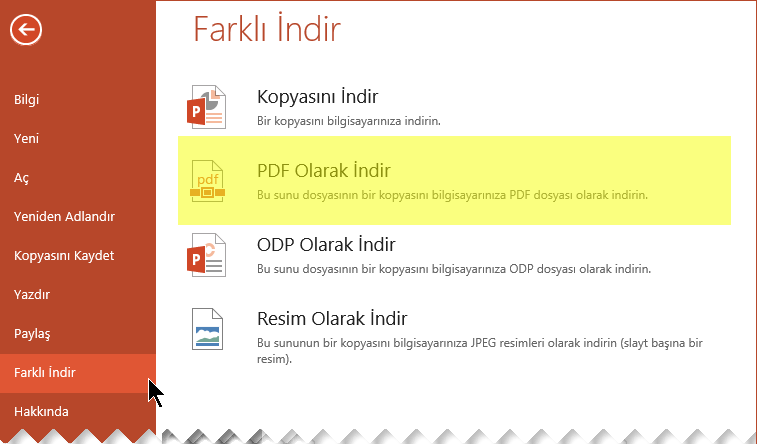 Dosya > Farklı İndir > PDF Olarak İndir’i seçin