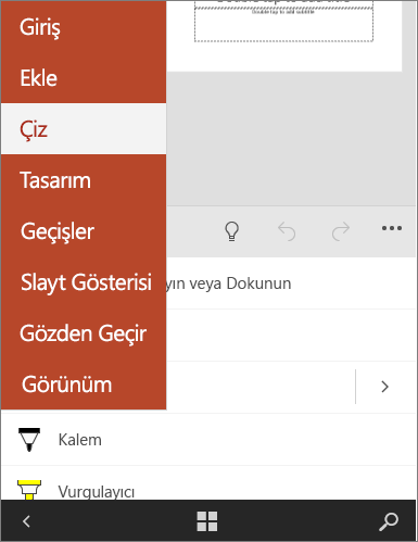 Office Mobile’da Çiz sekmesini seçili gösterir