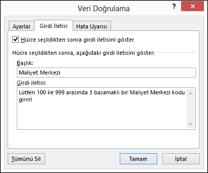 Veri Doğrulama iletişim kutusundaki girdi iletisi ayarları