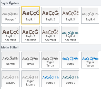 SharePoint Online şeridinin Stiller grubunda sağlanan Sayfa Öğeleri ve Metin Stilleri’nin ekran görüntüsü.