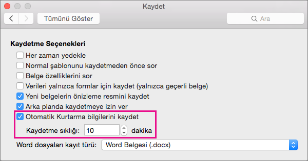 Kaydet iletişim kutusunda Otomatik Kurtarma bilgilerini kaydet'i seçin ve sonra Kaydetme sıklığı kutusunda bir dakika sayısı belirterek kaydetme aralığını ayarlayın.