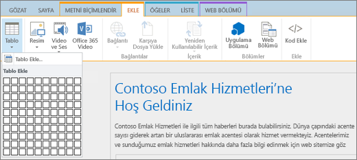 Ekran görüntüsünde SharePoint Online şeridi gösterilir. Yeni tablonun satır ve sütun sayılarını belirlemek için Sekme ekle’yi ve sonra Tablo Ekle’yi seçin.