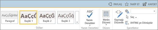 SharePoint Online şeridindeki Paylaş, Takip Et ve Kaydet denetimlerinin bulunduğu bölümün ekran görüntüsü.