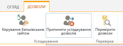 Керування дозволами для списку або бібліотеки: кнопка "Припинити успадкування дозволів"