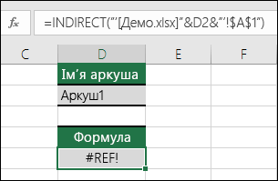 Приклад помилки #REF! через посилання на закриту книгу з використанням функції INDIRECT.