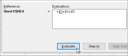 Hộp thoại Đánh giá công thức với " "+E3+E4+E5