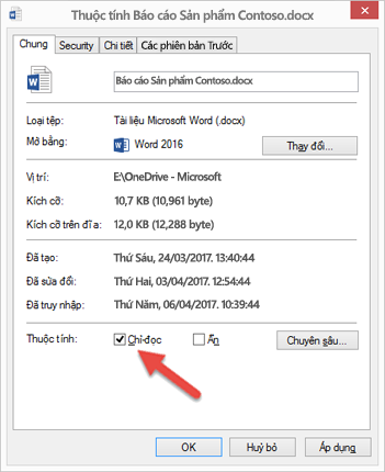 Bỏ chọn hộp Chỉ Đọc để chỉnh sửa và lưu tệp của bạn.