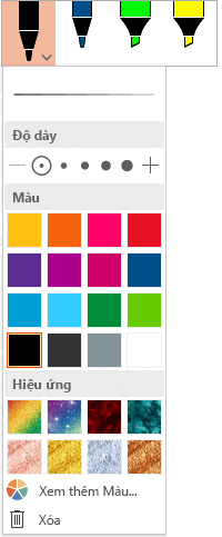 Các tùy chọn màu và độ dày cho bút trong bộ sưu tập bút Office trên tab Vẽ