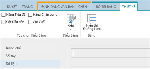 Ảnh chụp màn hình dải băng SharePoint Online. Sử dụng tab Thiết kế để chọn các hộp kiểm cho hàng tiêu đề, hàng chân trang, cột đầu tiên và cột cuối cùng trong một bảng, đồng thời chọn từ các kiểu bảng và cho biết có sử dụng đường lưới cho bảng không.