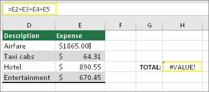 H4 với =E2+E3+E4+E5 và kết quả là #VALUE!