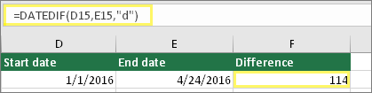 Ô D15 với 01/01/2016, Ô E15 với 24/04/2016, Ô F15 với công thức: =DATEDIF(D15,E15,"d") và kết quả là 114