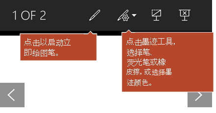 “幻灯片放映”视图中提供的墨迹工具。