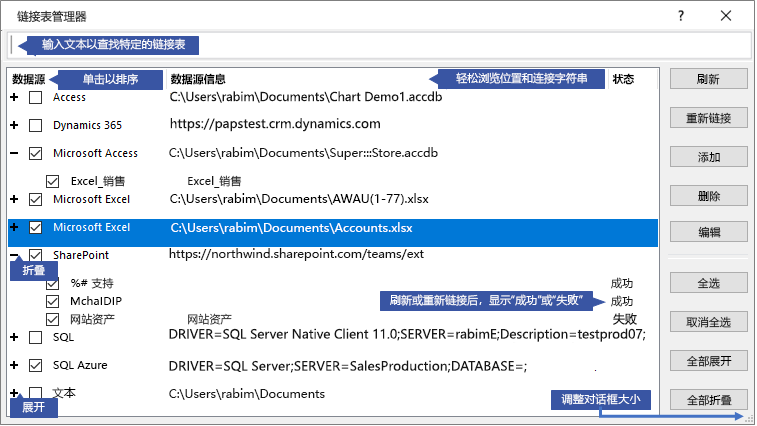 “链接表管理器”对话框