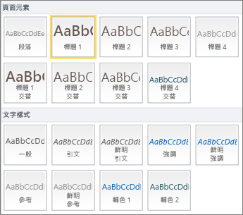 SharePoint Online 功能區的 [樣式] 群組提供 [網頁元素] 和 [文字樣式] 之螢幕擷取畫面。