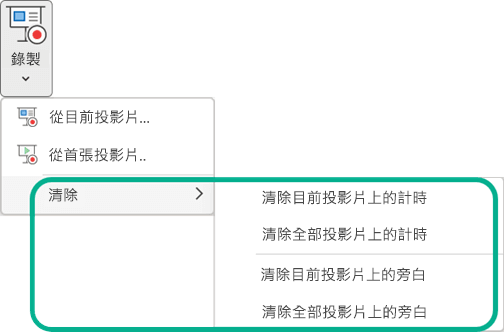 PowerPoint 中 [錄製投影片放映] 功能表按鈕上的 [清除] 命令。
