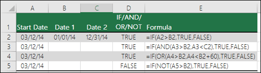 使用 IF 搭配 AND、OR 及 NOT 以評估日期的範例