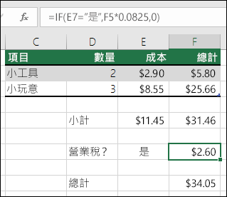 儲存格 F7 中的公式是 IF(E7=”Yes”,F5*0.0825,0)