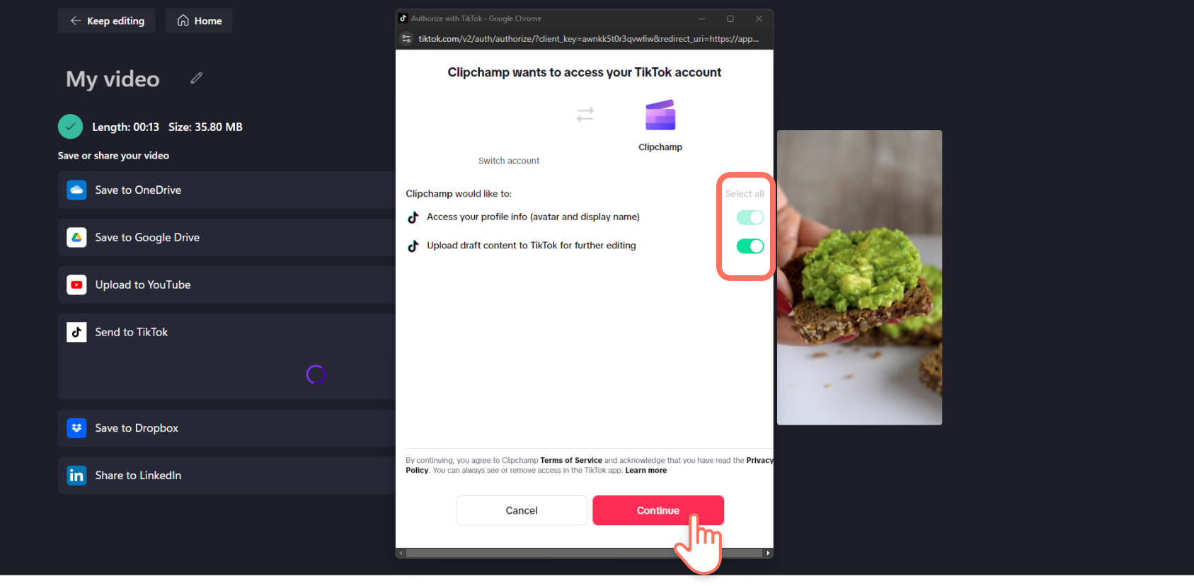 A screenshot of a Clipchamp user authorizing the TikTok integration.