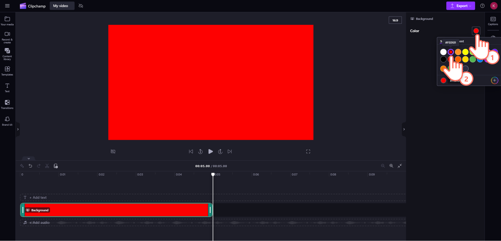 A user changing the color of a background asset in Clipchamp.
