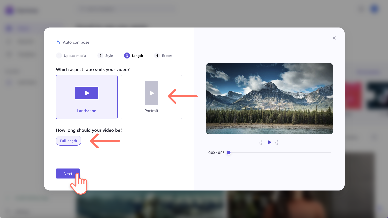 An image of a user selecting the landscape aspect ratio and length.