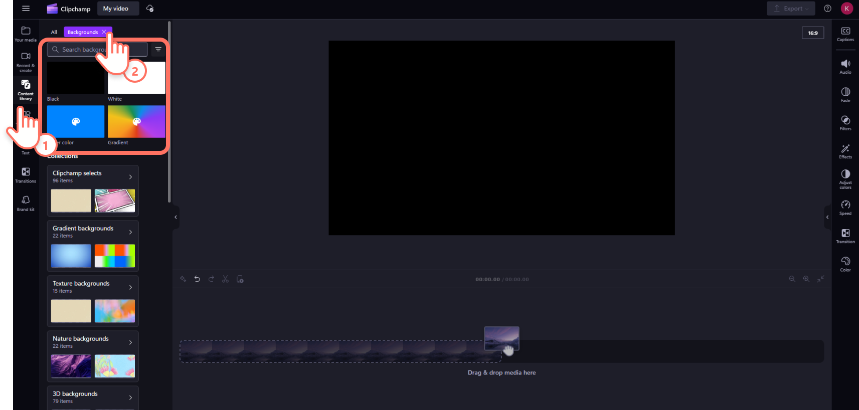 A user selecting the color and gradient backgrounds menu inside the content library in Clipchamp.