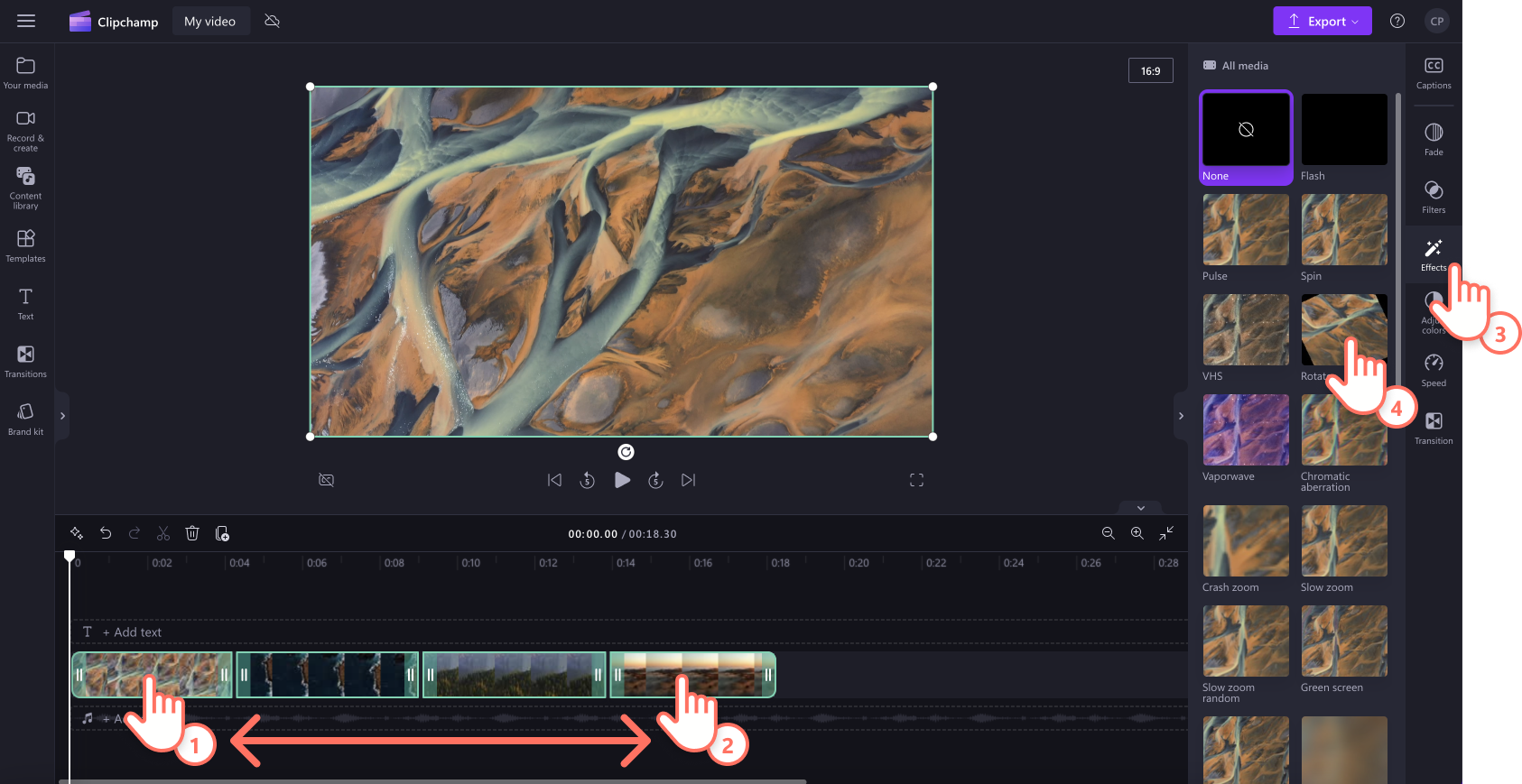 An image of a user adding effects to multiple videos on the timeline.