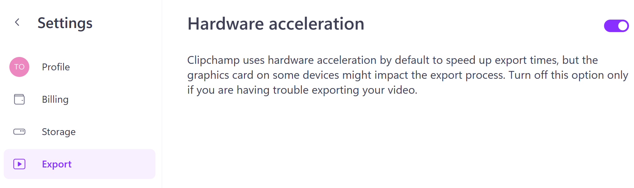 Go to the settings screen and turn off hardware acceleration if you experience exporting problems in Clipchamp's personal version.