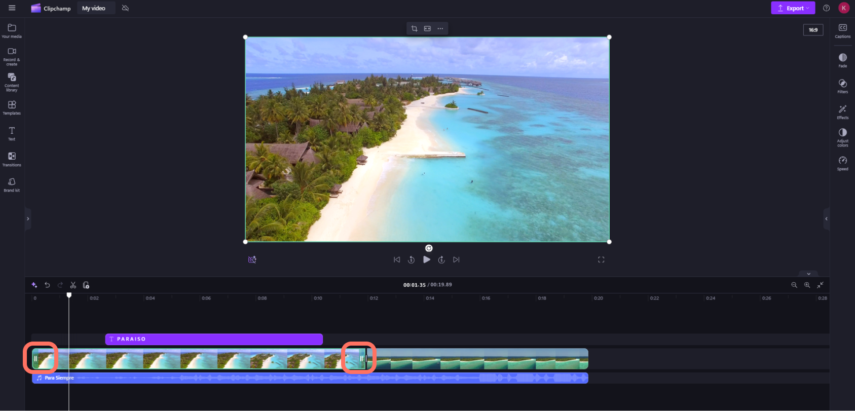 A screenshot of a Clipchamp for personal accounts user adjusting the length of a video clip on the timeline.