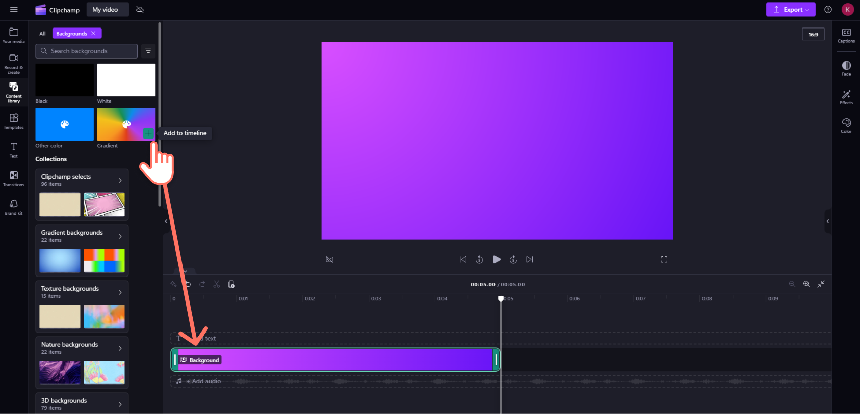 A user adding a gradient background to the timeline in Clipchamp.