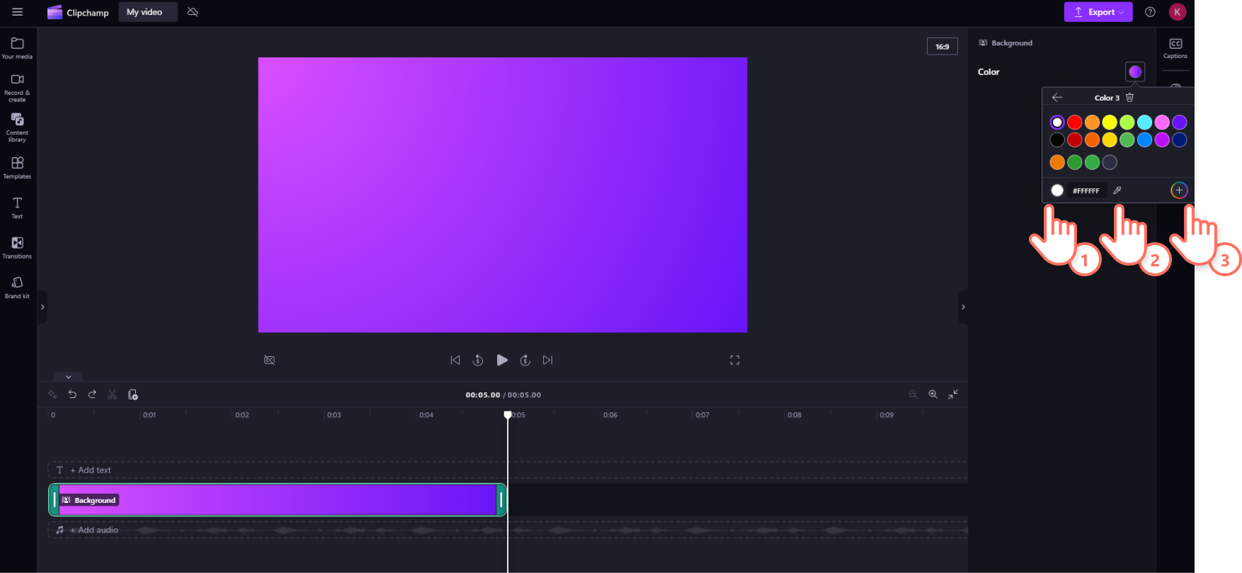 A user viewing the different options for adding colors to a gradient background in Clipchamp.