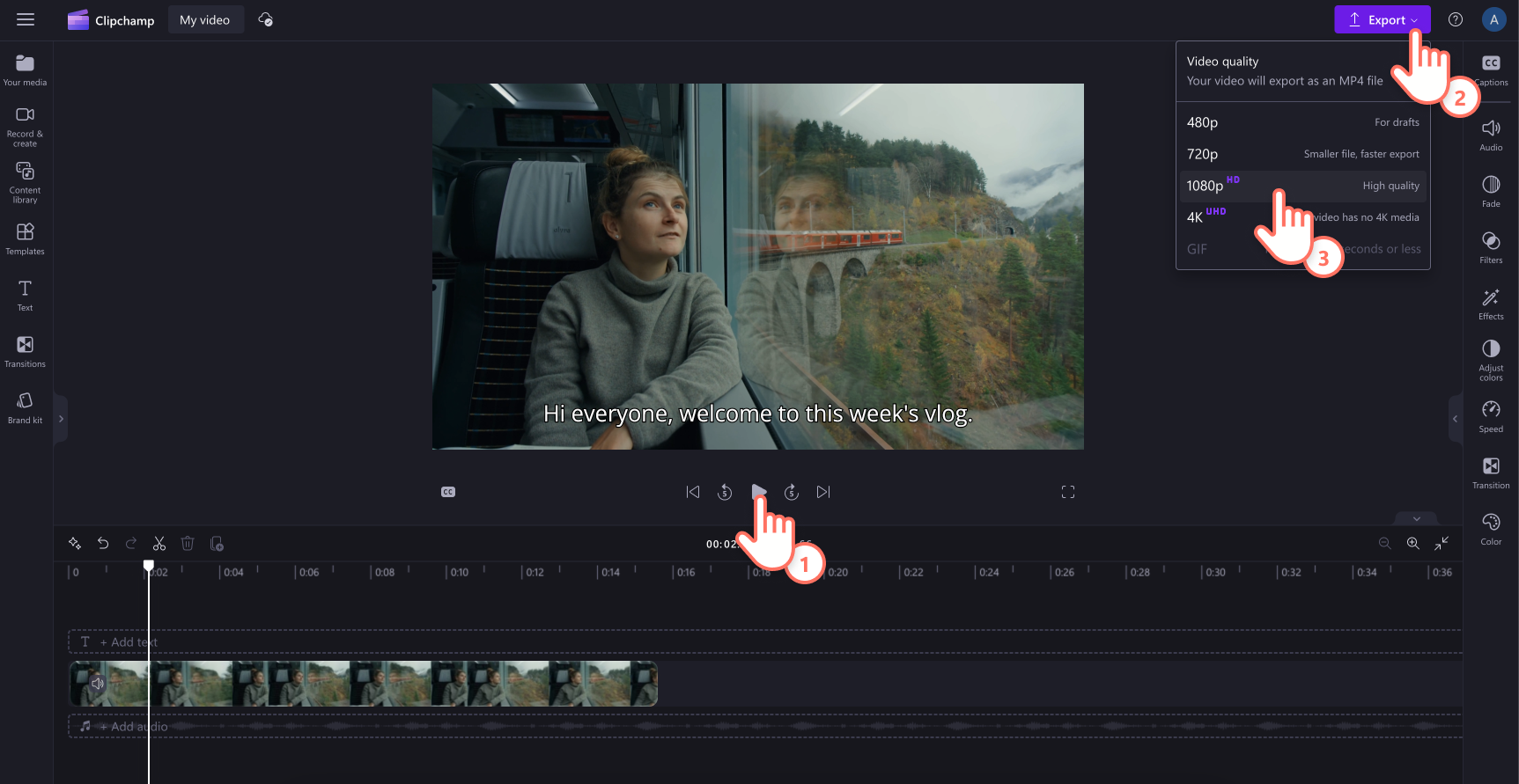 Image of a user previewing then exporting a video in 1080p