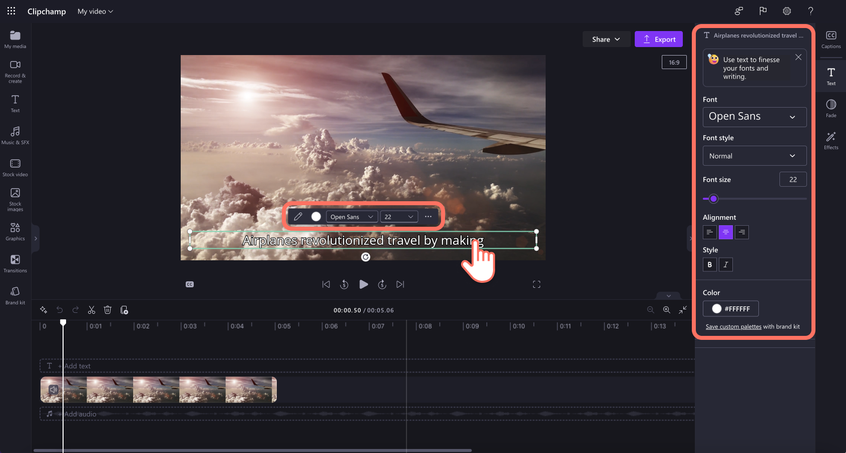 An image of a user editing the appearance of the captions in the text tab and video stage.