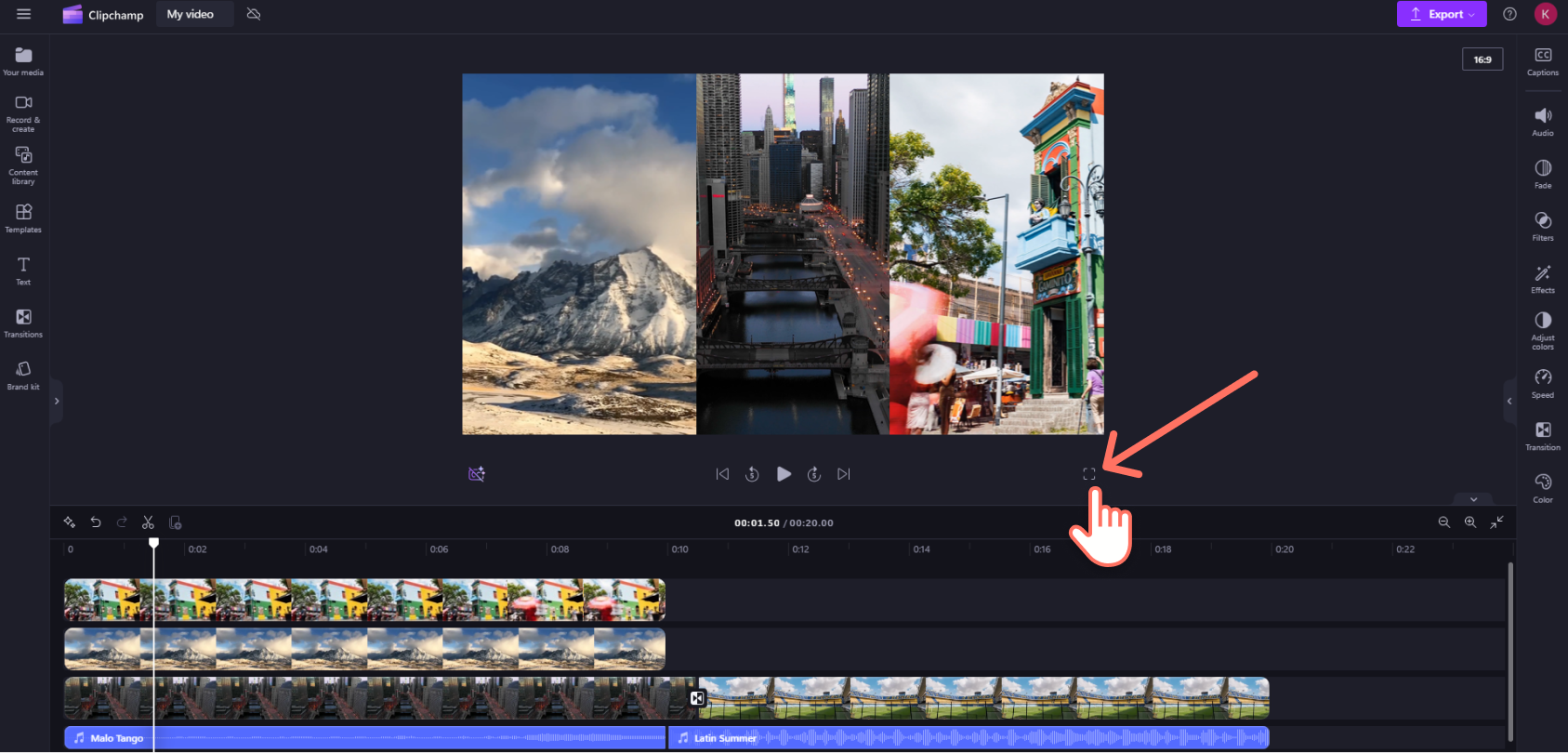 Screenshot of a Clipchamp user selecting full screen preview.