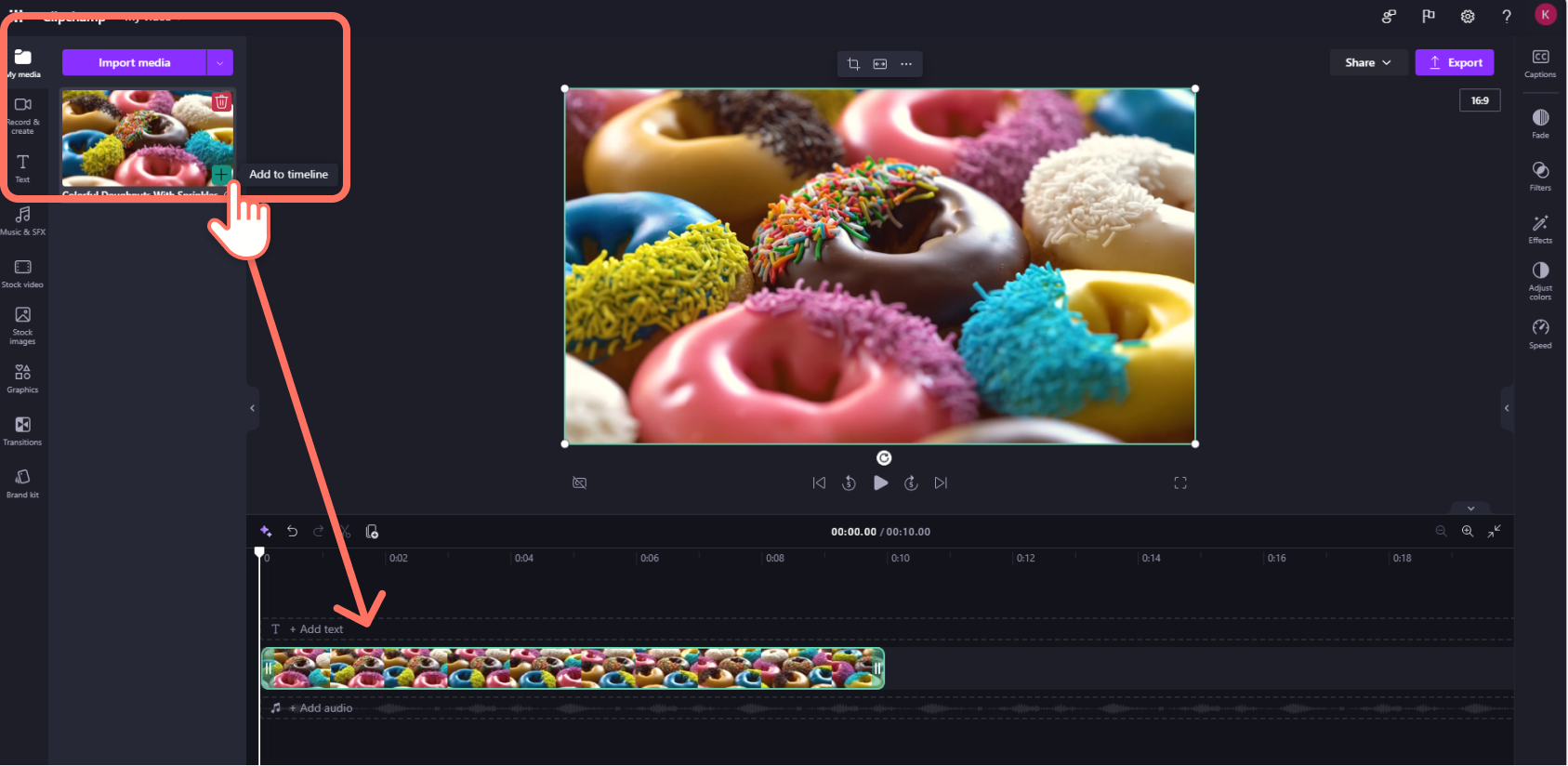 A screenshot of a Clipchamp for work accounts user dragging a video clip onto the timeline.