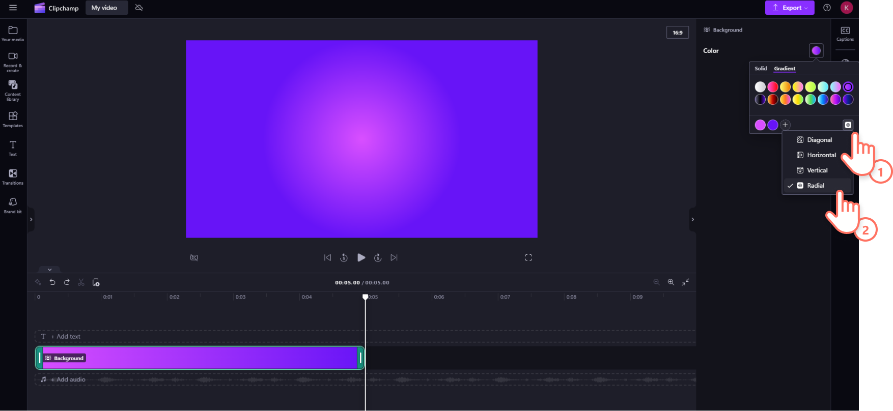 A user looking at the different direction options for a gradient background in Clipchamp.