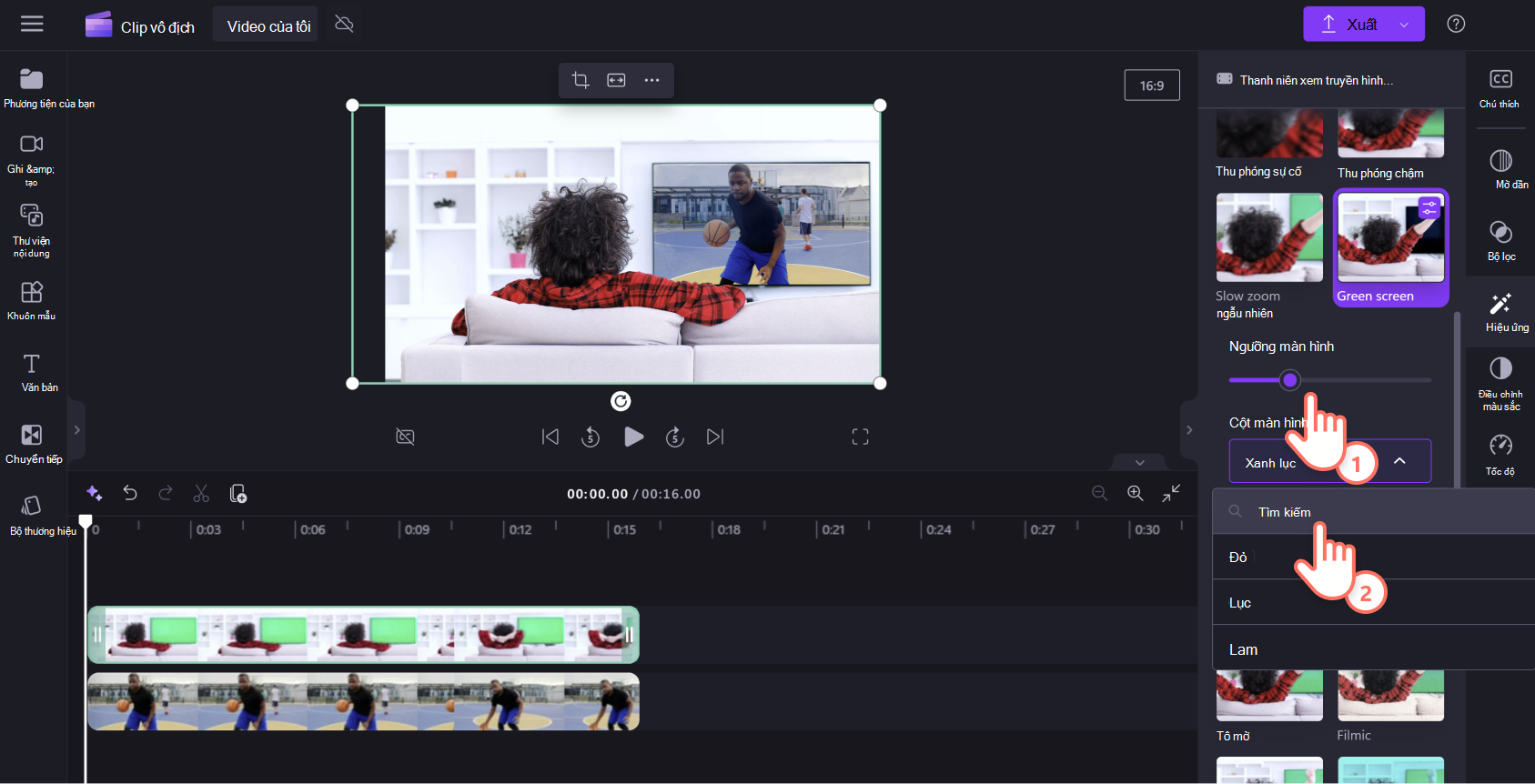 Hình ảnh người dùng Clipchamp điều chỉnh ngưỡng màn hình cho hiệu ứng màn hình xanh lục.