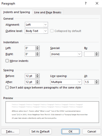 مربع الحوار "فقرة" في Outlook.