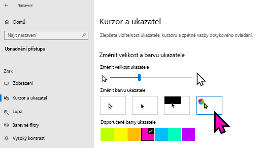 Změna velikosti a barvy ukazatele v aplikaci nastavení Windows 10