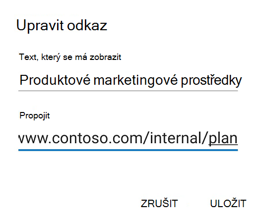 Dialogové okno upravit odkaz v Outlooku pro Android