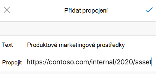 Dialogové okno Přidat odkaz v Outlooku pro iOS