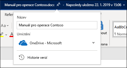 Rozevírací nabídka názvu dokumentu ve Wordu pro Office 365