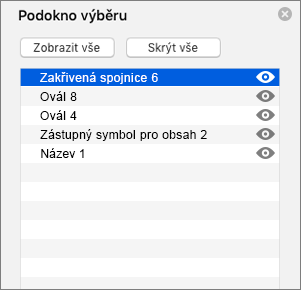 Zobrazuje podokno výběru v PowerPointu 2016 pro Mac.