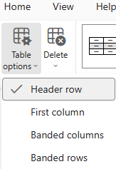 The Table options menu showing the Header row option selected in Outlook na webu.