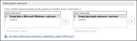 Dialogové okno umožňující vybrat jazyk, který Office používá pro tlačítka, nabídky a nápovědu.
