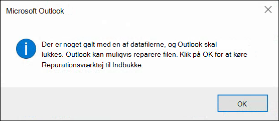 Noget gik galt med en af dine datafiler, og Outlook skal lukke ned.